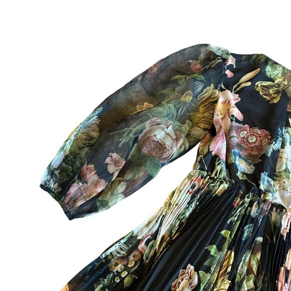 Pankaj & Nidhi Anthro Chiffon Floral Print Dress Long Sleeve Pleated Size Medium - Picture 12 of 16